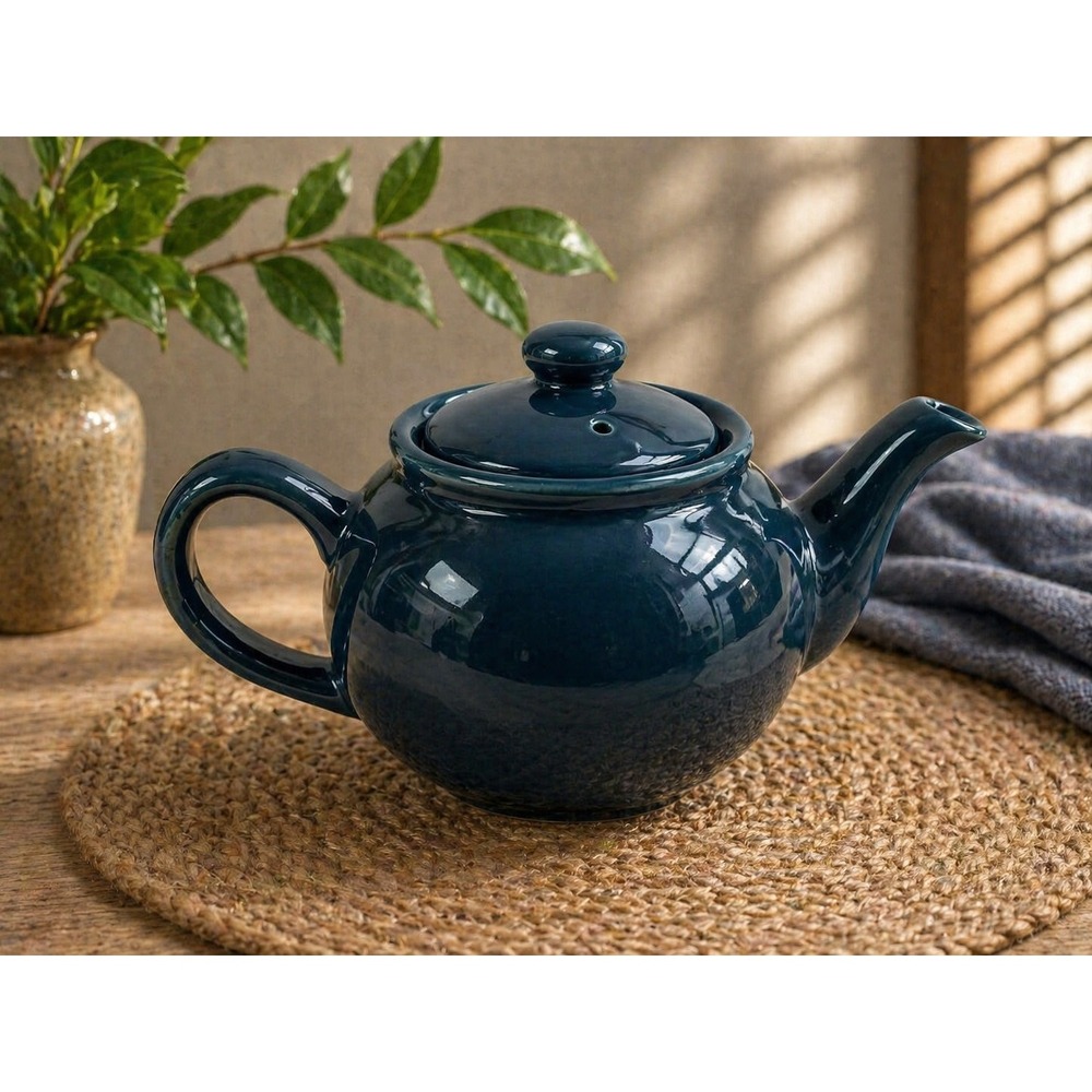 Deep Teal Blue Ceramic Teapot Glossy Glazed Stoneware Tea Pot with Lid